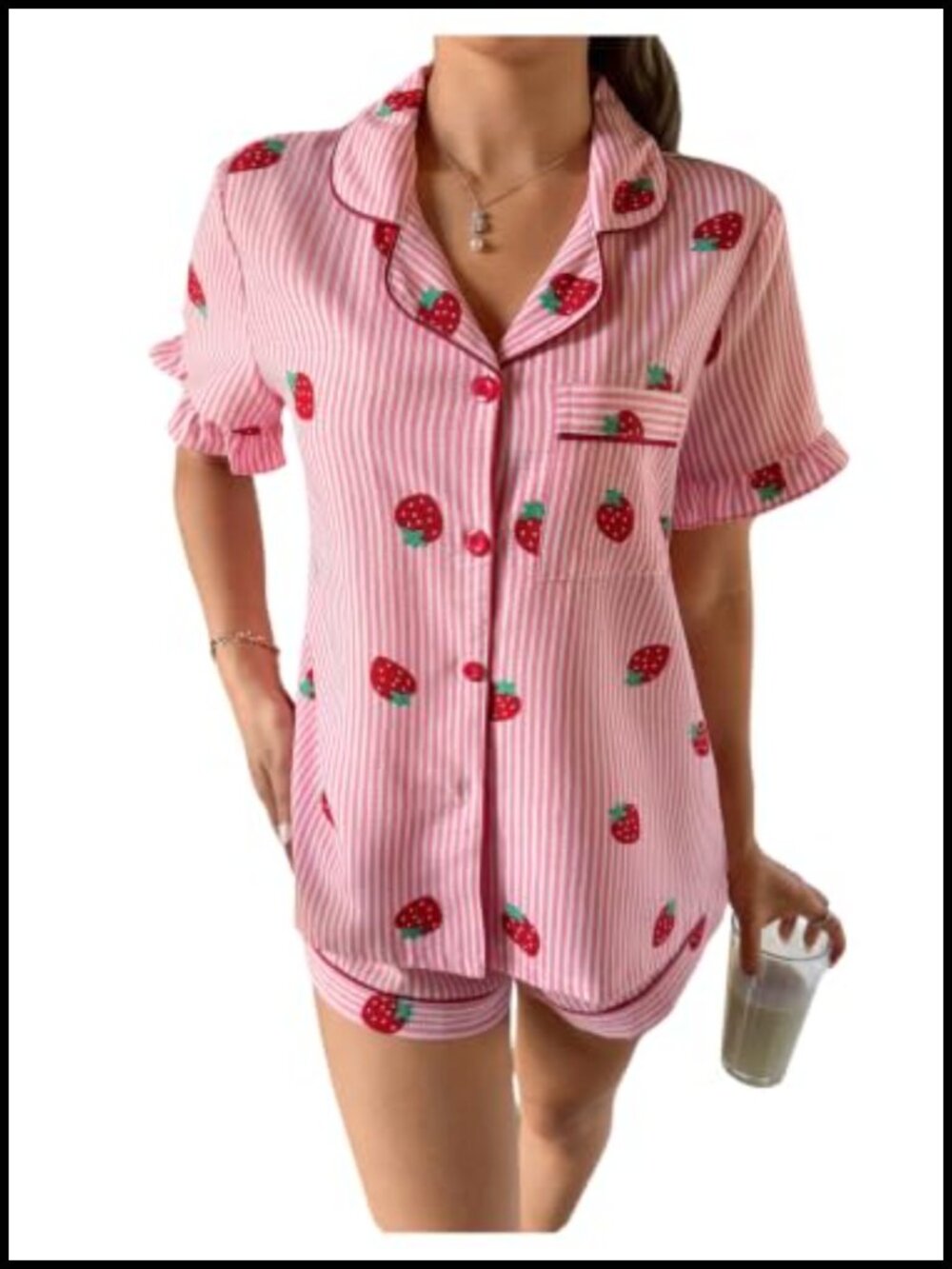 2 Piece Pajama Set Strawberry Striped Button Down Shirt Shorts Ruffle Pjs